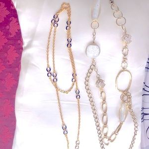 2 long gold necklaces  iridescent balls navy loops